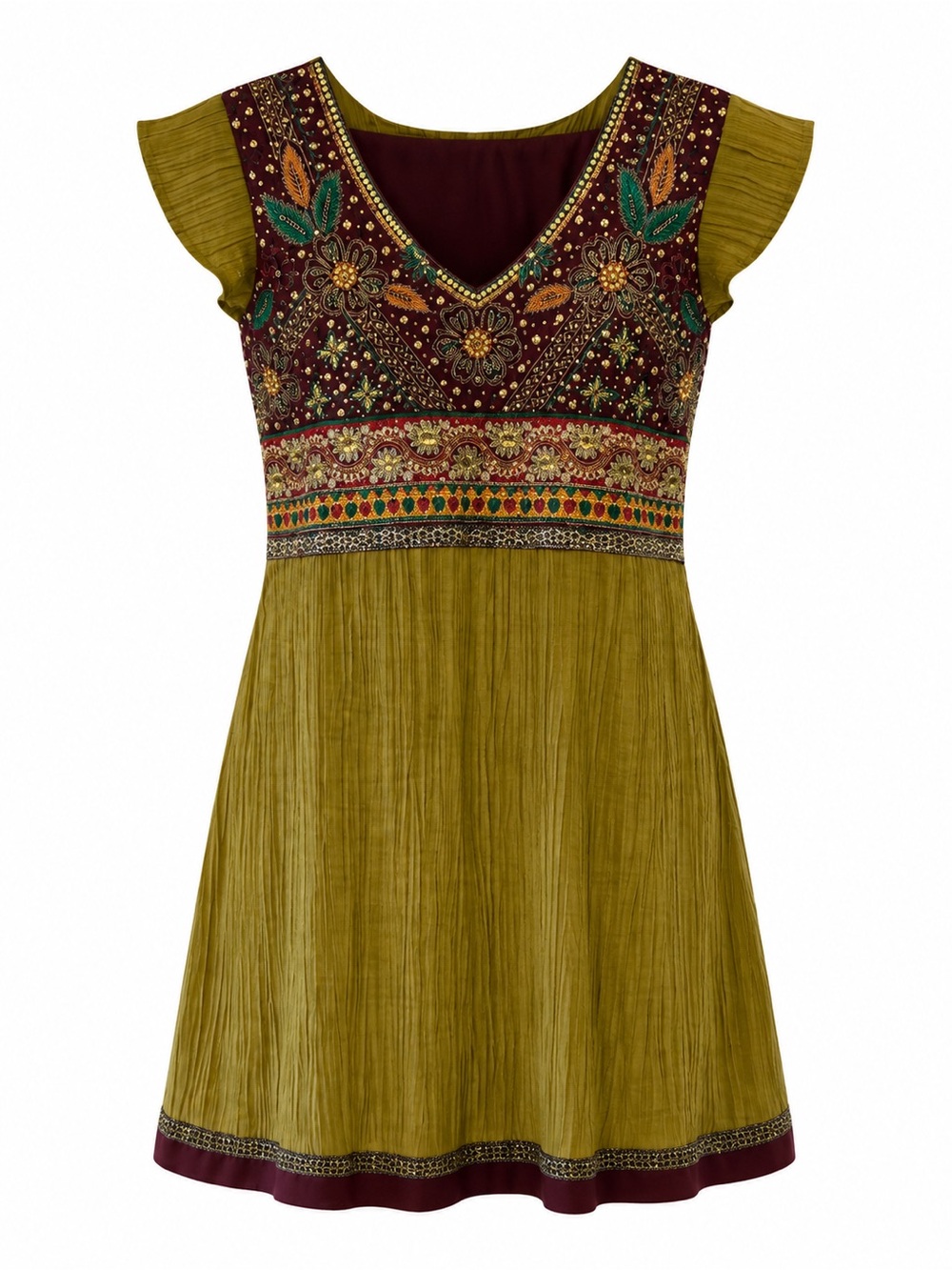 Embroidered V-Neck Tunic Dress in Olive and Maroon